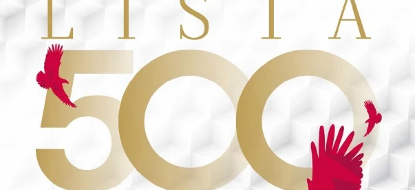 Polish language publication poster showcasing graphic design and advertisement for various companies like CD Projekt SA and Cyfrowy Polsat SA. Includes text on employment results and ownership structure.