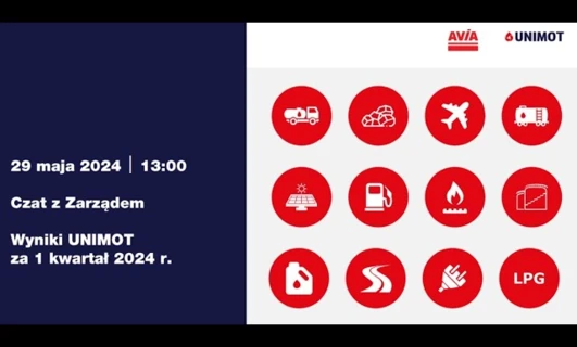 Czerwony zrzut ekranu projektu graficznego rozmowy AVIA UNIMOT z zarządem omawiającej wyniki pierwszego kwartału 2024 roku.