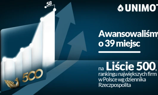 Zrzut ekranu z projektu graficznego zawierającego tekst napisany elegancką czcionką. UNIMOT podskoczył o 39 miejsc w rankingu 500 największych firm w Polsce według Rzeczpospolitej. #GraphicDesign #Technology #Advertising