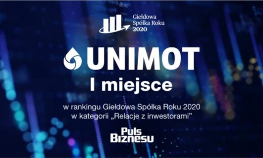 Logo i grafiki dla nagradzanej firmy UNIMOT, która zajęła 1. miejsce w kategorii "Relacje inwestorskie" na konkursie Spółka Roku 2020. 41.82 USD, Puls Biznesu.